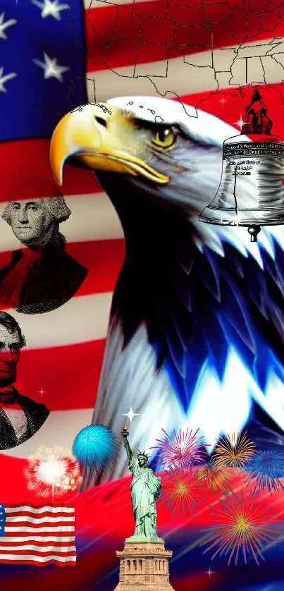 Patriotic wallpaper with American flag, bald eagle, and iconic USA symbols.