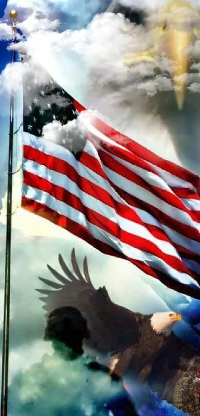 American flag with bald eagle and patriotic symbols on a blue-themed wallpaper.