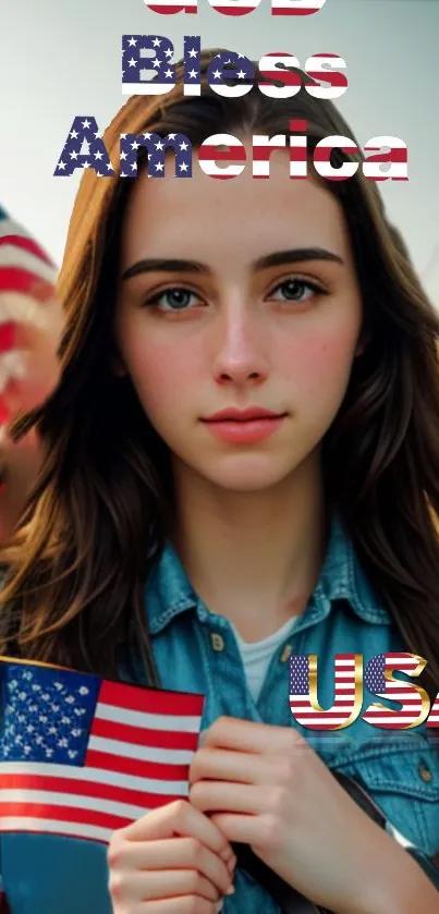 Young woman with American flag in denim shirt wallpaper.