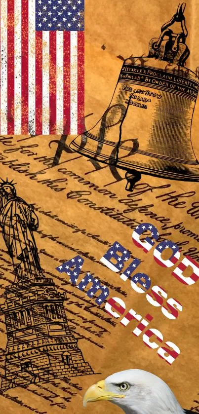 Patriotic wallpaper with American symbols like the Liberty Bell and flag.
