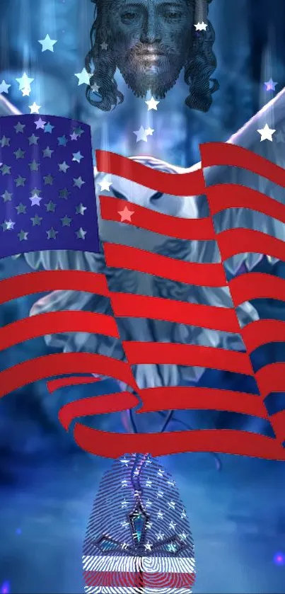 Patriotic wallpaper with American flag and angel in blue background.