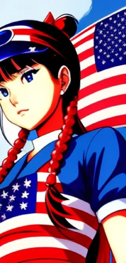 Anime girl with American flag outfit under blue sky.