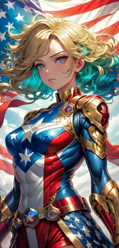 Anime heroine in vibrant patriotic armor with American flag background.