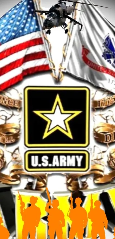 U.S. Army mobile wallpaper with flags and gold accents.