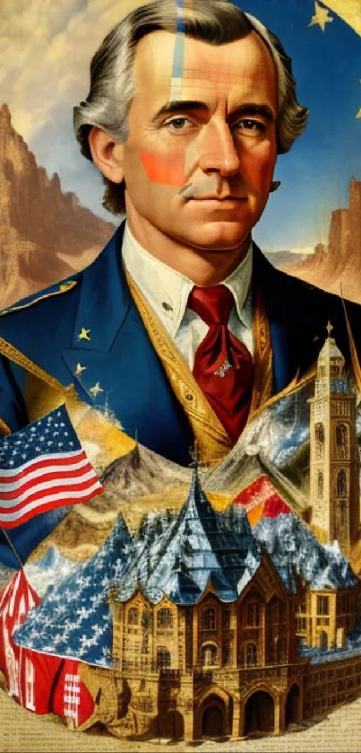 Patriotic-themed mobile wallpaper with historic and celestial elements.