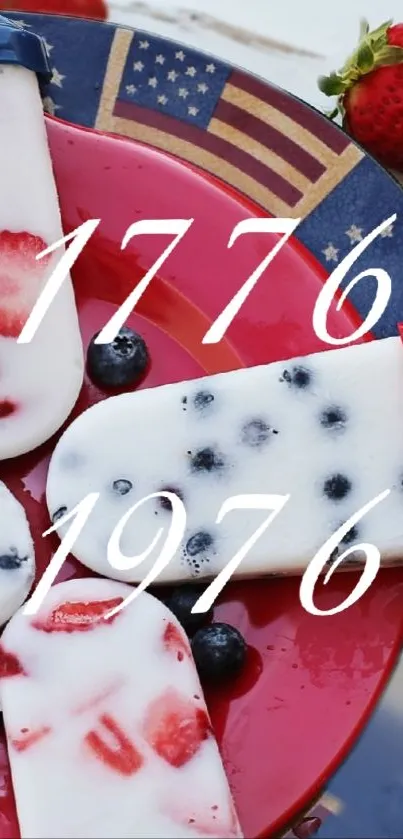 Patriotic berry popsicle with blueberries and strawberries.