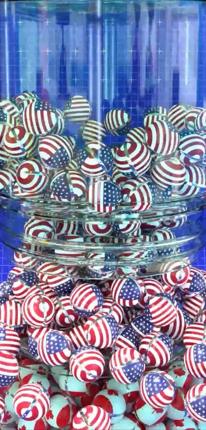 Jar filled with American flag-themed candies on a vibrant background.