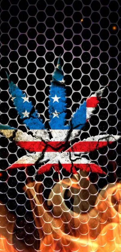 Patriotic cannabis art with flame background.