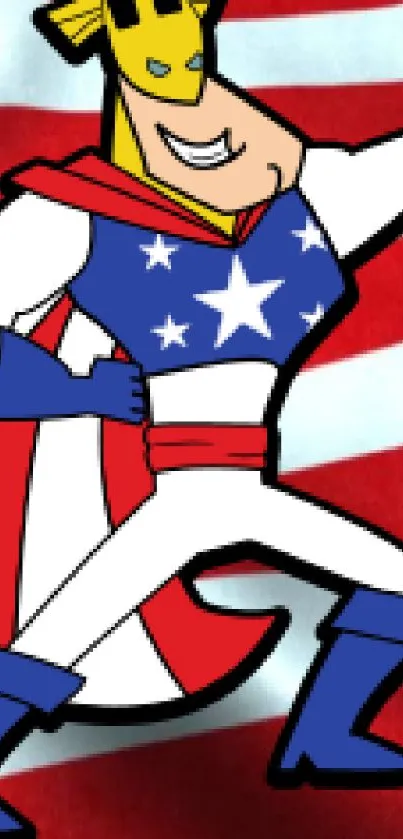 Cartoon superhero in red, white, and blue attire with a waving flag backdrop.