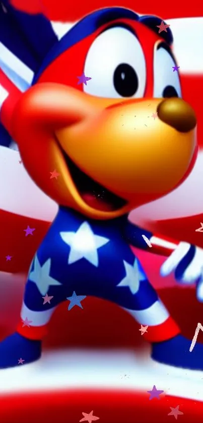 Cheerful cartoon mascot in red, white, and blue stars.