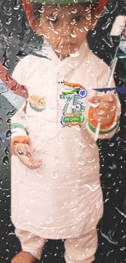 Child dressed in patriotic attire holding Indian flags with water droplets.