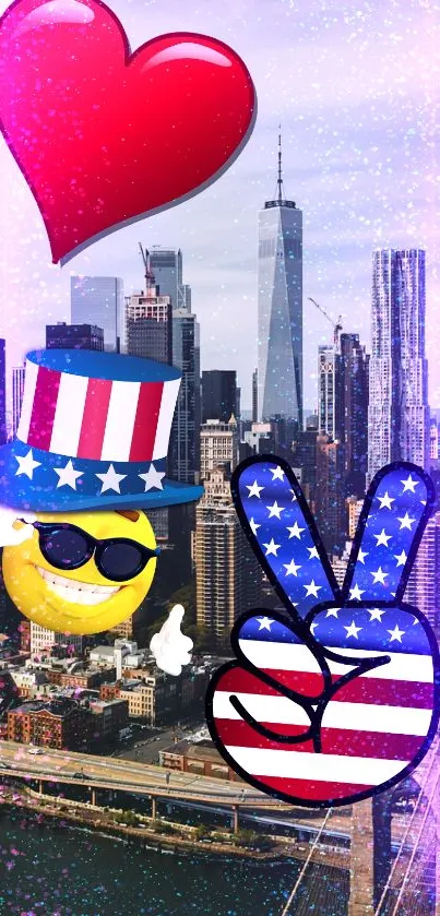 Patriotic emoji and peace sign over city skyline.