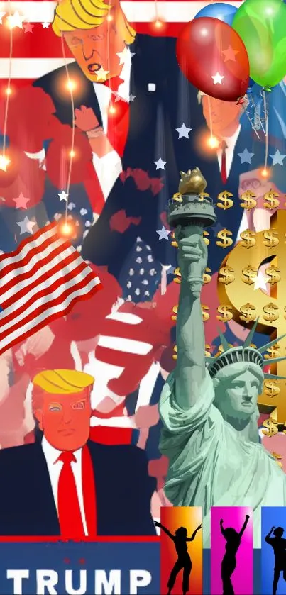 Vibrant collage featuring patriotic symbols and American themes.