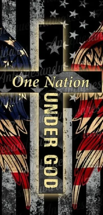 Cross with flag wings and 'One Nation Under God' text in patriotic theme.