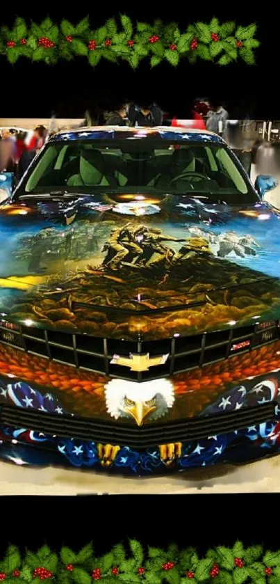 Patriotic custom car with American flag and historical design.