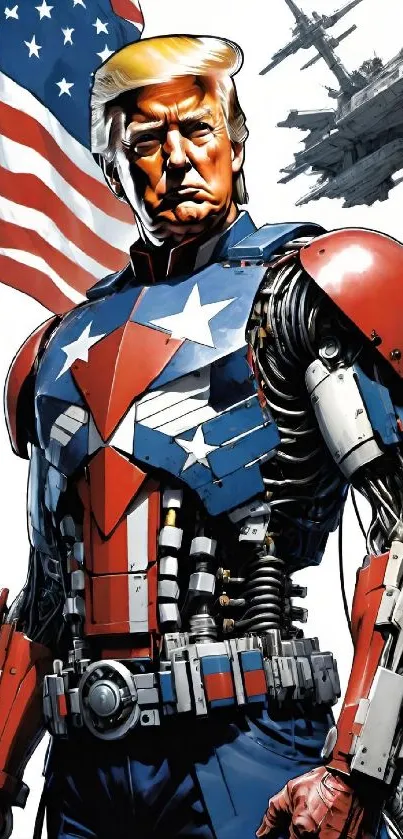 Heroic figure in patriotic armor against a flag.