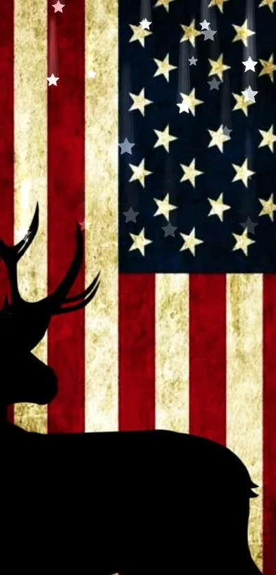 Deer silhouette with American flag background on a vintage-styled wallpaper.