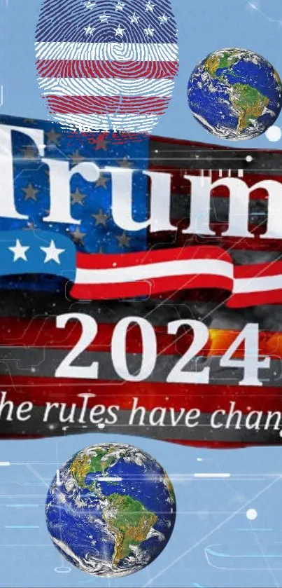 Trump 2024 patriotic mobile wallpaper with American flag design.