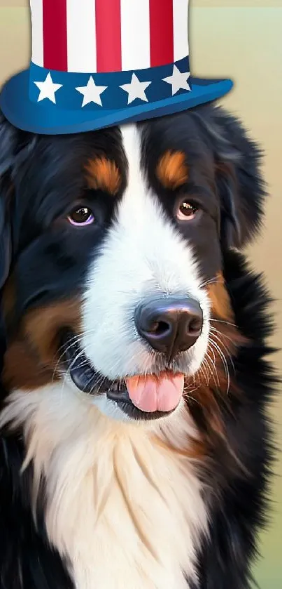 Bernese Mountain Dog with patriotic hat on mobile wallpaper.
