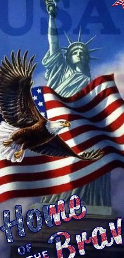 Patriotic wallpaper with USA flag, eagle, and Statue of Liberty.
