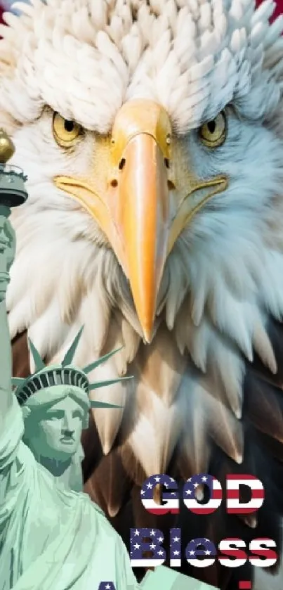 Bald eagle with Statue of Liberty and American flag background.