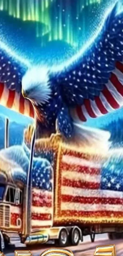 Eagle and truck with American flag against aurora-lit sky.