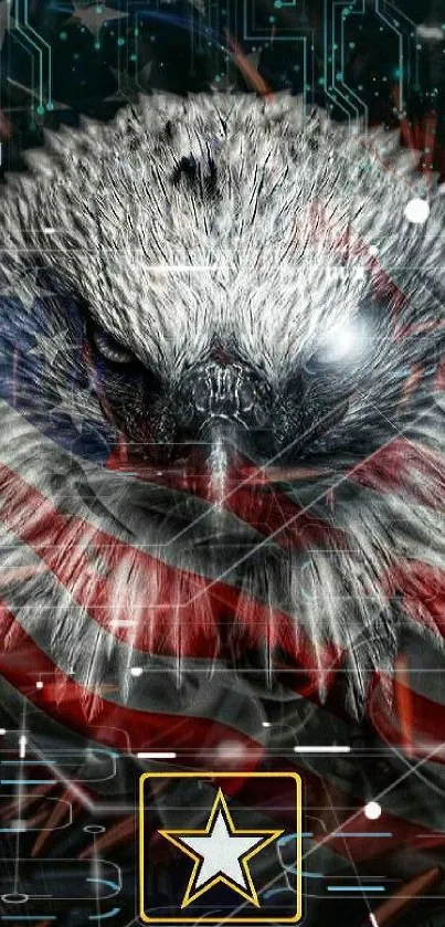 Eagle and U.S. Army logo on American flag wallpaper.