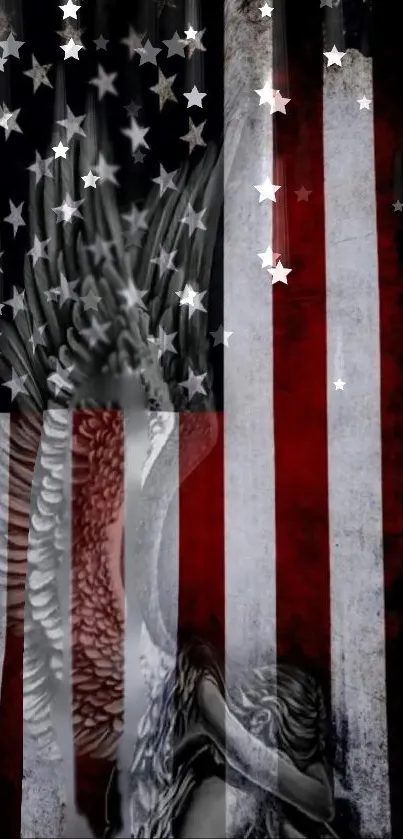 Patriotic wallpaper with eagle and American flag stars overlay.