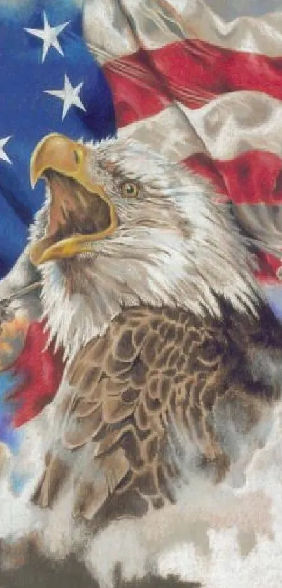 Patriotic eagle with American flag and jets in vibrant sky.