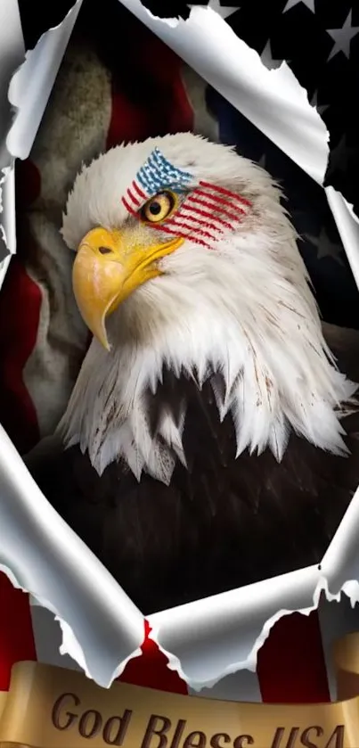 Bald eagle with American flag design on torn paper.