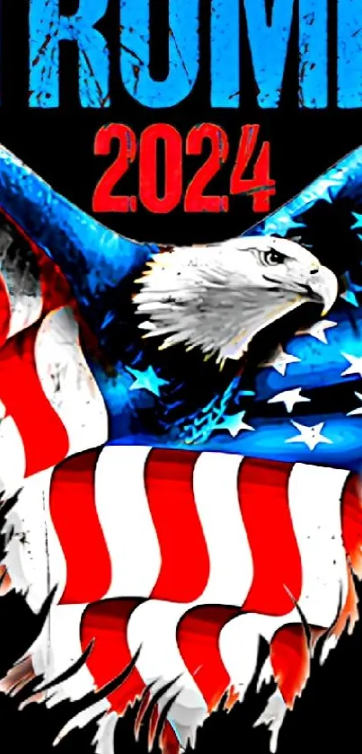Trump 2024 eagle with American flag graphics on a dark background.