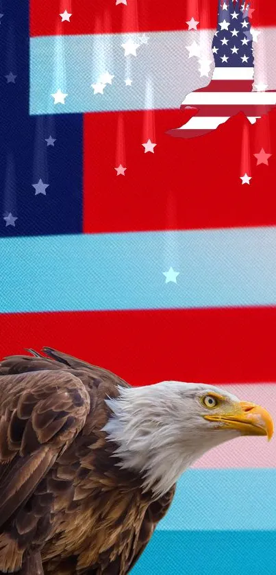 Bald eagle with American flag backdrop in vibrant colors.