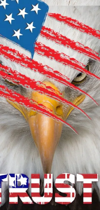 Bald eagle with an overlay of American flag and 'Trust' text.