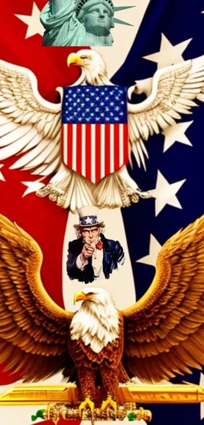 Patriotic wallpaper with eagle and American symbols in red, white, and blue.