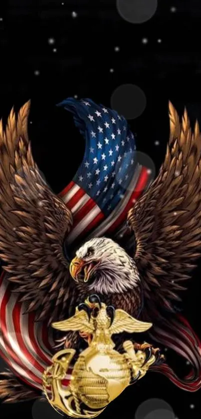 Majestic bald eagle with American flag on a dark background.