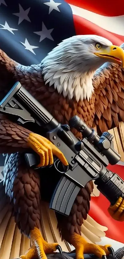 Eagle with rifle against American flag