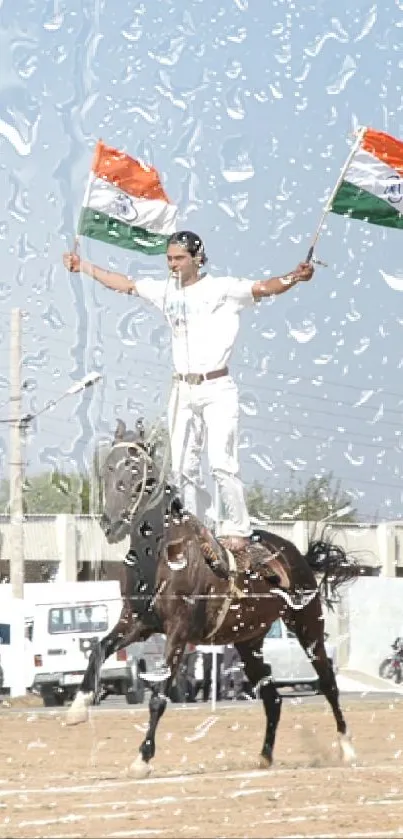 Equestrian performs stunt with flags, showcasing patriotic flair.