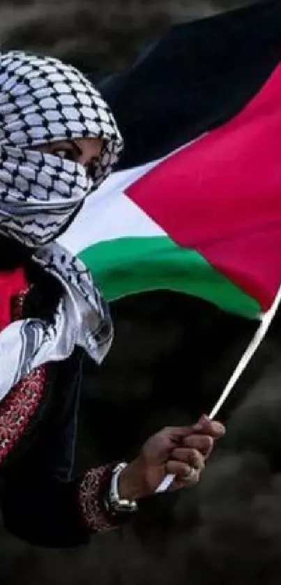 Person holding flag in smoky background, exuding patriotism.