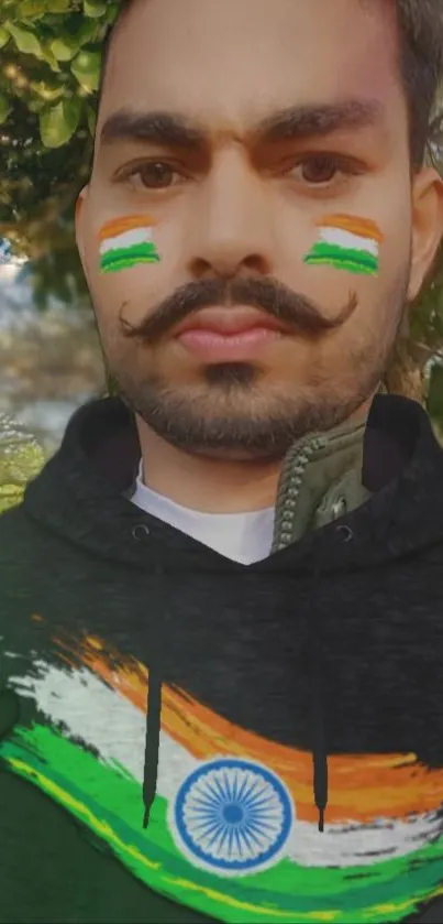 Portrait with patriotic face paint and a flag design hoodie.