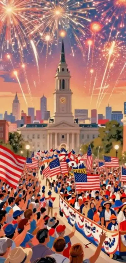 Spectacular fireworks over festive crowd with American flags.