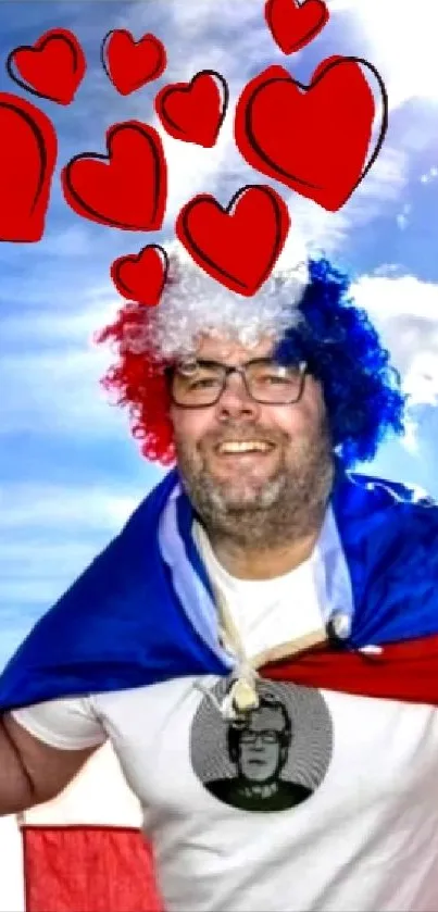 Person celebrating in a colorful festival parade with red, white, and blue colors.