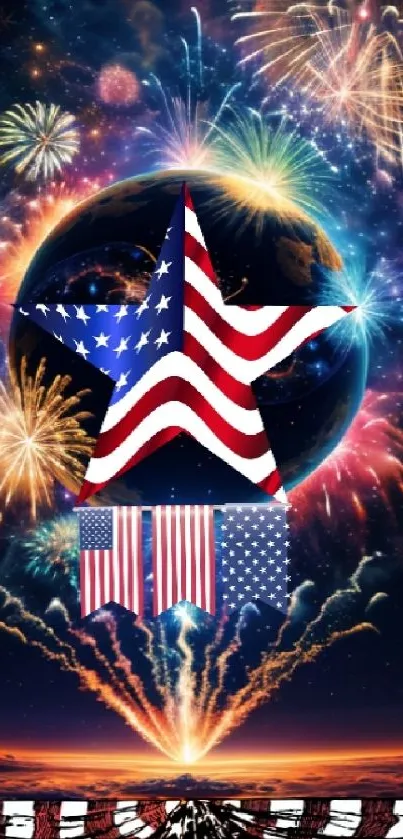 Patriotic fireworks and flag star mobile wallpaper.