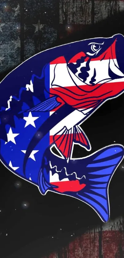 Patriotic fish with stars and stripes on a dark background.