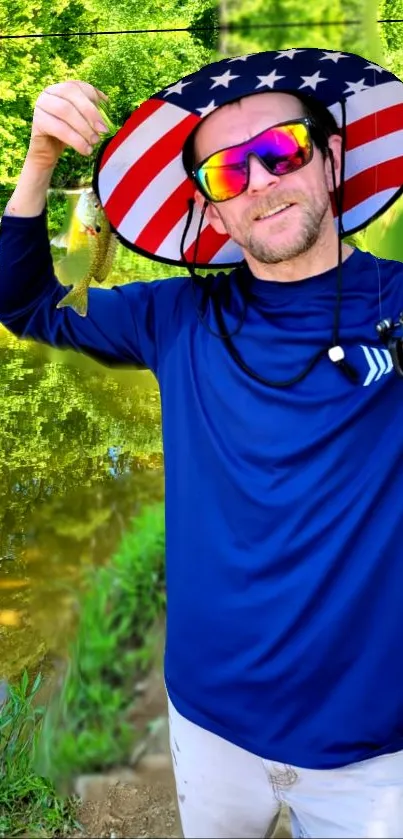 Patriotic themed fisherman by a lake with vibrant colors.