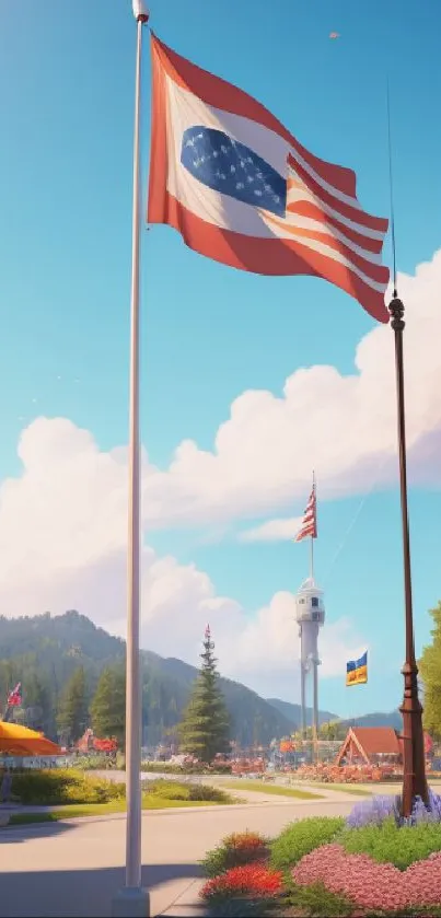 Patriotic flag waving in a tranquil park setting under a clear blue sky.