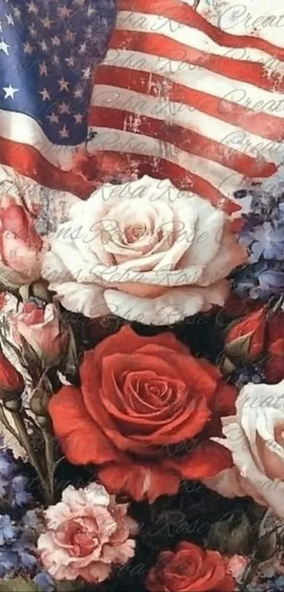 Patriotic floral wallpaper with American flag.