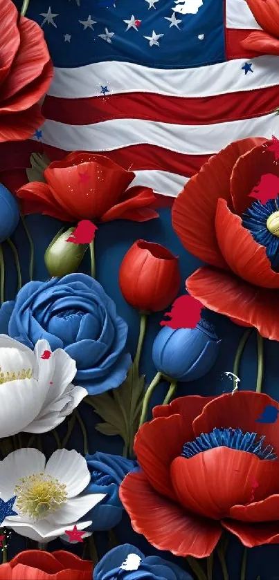 Patriotic wallpaper with red, white, and blue flowers and American flag.