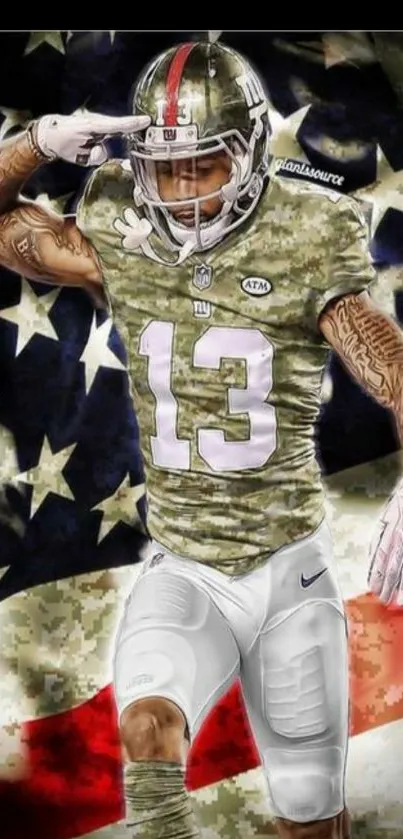 Football player in camo saluting on American flag background.