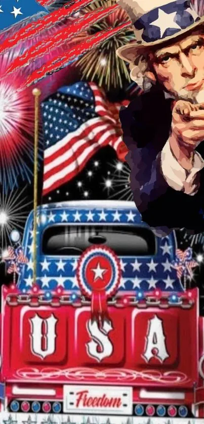 Vibrant patriotic wallpaper with Uncle Sam, American flag, and fireworks.