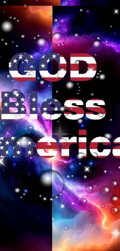 Colorful galaxy wallpaper with 'God Bless America' text.